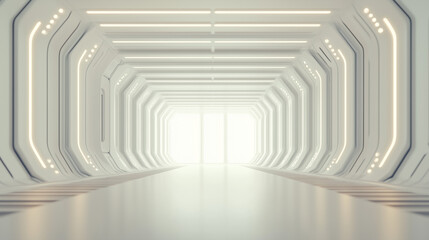 Modern Minimalist Video Production Studio Background, Clean White Walls with Soft Geometric Patterns, LED Lighting, Virtual Meeting Space, High-Tech Atmosphere