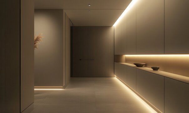 architectural lighting details, wall niches with LED light, indirect glow, minimalist surfaces, 2025 interior design 