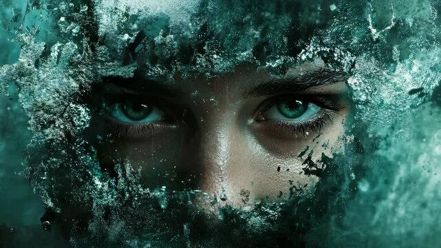 A woman 's face covered in snow