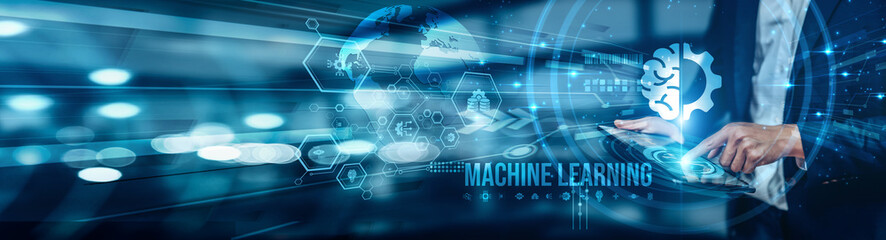 A businessman using a tablet is analyzing machine learning by leveraging data-driven decision-making, predictive analytics, recommendation engines, automated workflows to improve customer experience.