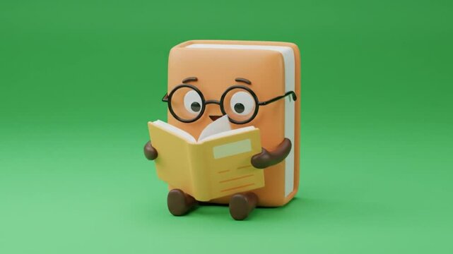 Cute Animated Book Character with Glasses Reading on a Green Screen