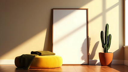 Cozy corner with a yellow ottoman green blanket tall cactus in an orange pot and a blank frame bathed in warm sunlight