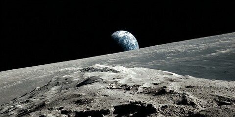 View of the moon surface by apollo astronaut with earth rise on horizon Generated image