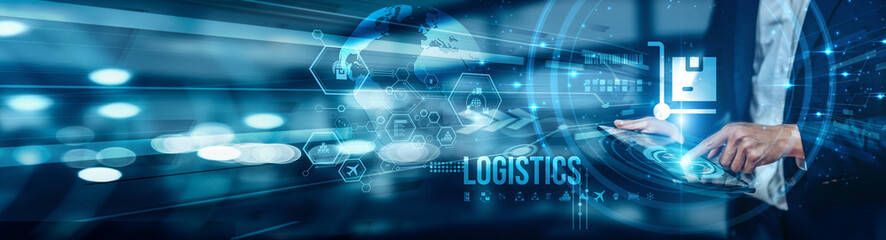 Man using a tablet is analyzing logistics by leveraging real-time data analytics and management...