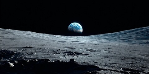 View of the moon surface by apollo astronaut with earth rise on horizon Generated image