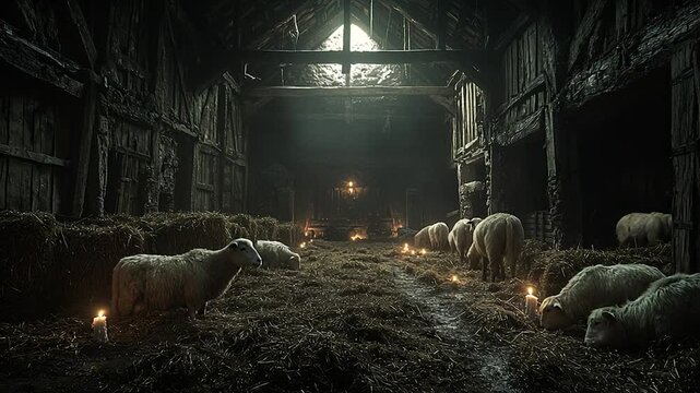 Sheep resting in old barn