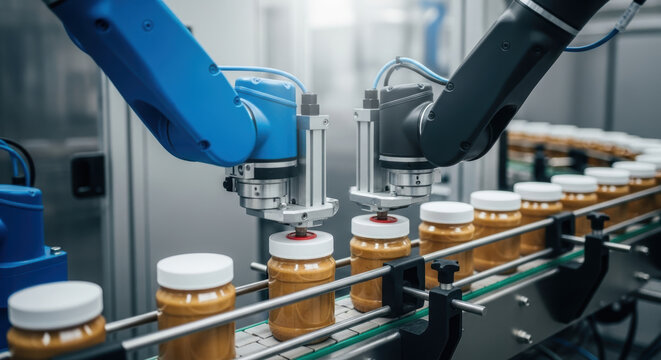 Robotic arms automate peanut butter jar packaging process in modern factory, ensuring efficiency and quality control on production line for food industry innovation