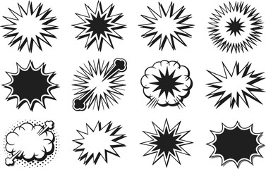 Cartoon comic burst and explosion icon set, expressive star shape, cloud element, vector illustration, pop art design