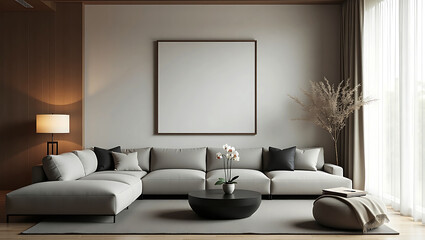 Modern living room with a large sectional sofa coffee table orchid plant and blank canvas on the wall