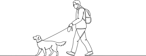 Continuous line drawing of man walking dog vector illustration minimal outline art design on white background vector illustration