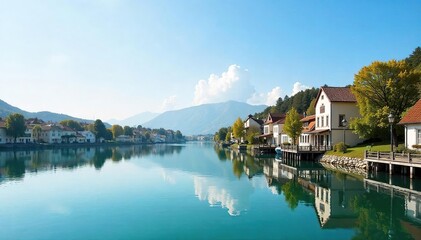 Calm Waterfront Reflections Serene Cityscape at Dawn, Perfect for Travel, Real Estate, and Nature Projects