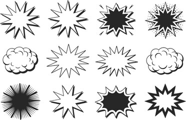 Comic style burst and explosion icon collection, cartoon cloud, star shape, vector illustration, pop art, creative effect