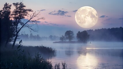 Misty lake landscape with a large full moon rising over the trees at twilight