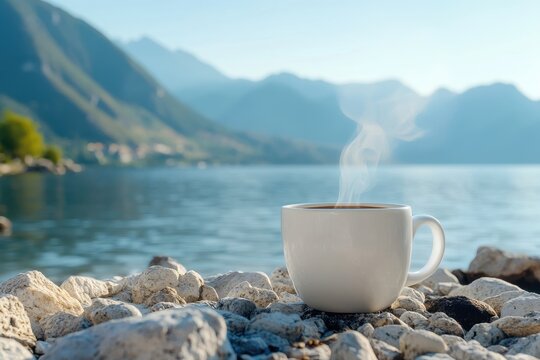 Steaming coffee cup resting on rocky lakeshore with mountains under clear sky, Steaming coffee cup on rocky lakeshore with mountain view on a clear day Relaxation concept - Powered by Adobe