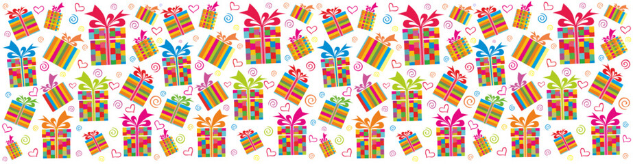 Cute gift boxes seamless pattern. Colorful festive background with present boxes. For wrapping paper, wallpapers, fabric print, web page background. Sale shopping concept. Birthday Christmas. 