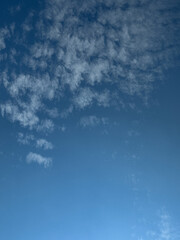 Clear blue sky adorned with scattered, wispy white altocumulus clouds, creating a peaceful and expansive natural backdrop.