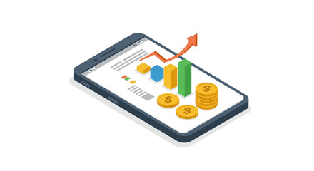 Business growth vector illustration: smartphone financial analytics for modern design, flat style