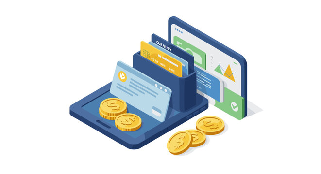 Financial management vector illustration: digital banking and online payments isometric design
