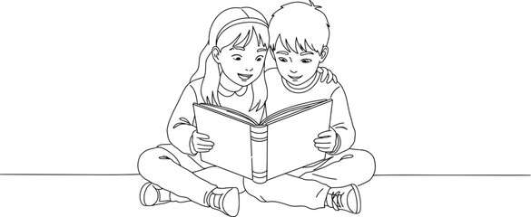 Children reading book together illustration for coloring page activity and educational resources design vector illustration