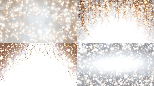Four sparkling, glowing backgrounds in a grid pattern.  Each features a soft, light, and airy texture with shimmering particles.  Gradients of light gold, silver and white