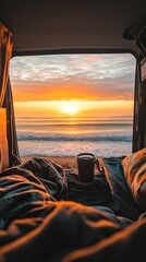 Van life, road trip, coffee at sunrise.