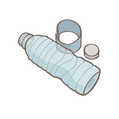 Empty plastic water bottle with separated label and cap, eco-friendly recycling and waste sorting vector illustration