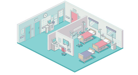 Obraz premium Isometric hospital room vector illustration for medical facility design