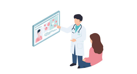 Medical consultation vector illustration: doctor explaining to patient isometric design for healthcare education