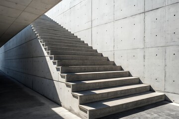 Modern architectural concrete staircase ascending into bright sunlight with dramatic shadows and textured walls