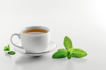 Vibrant Image of Cup with Hot Aromatic Mint Tea Isolate on White