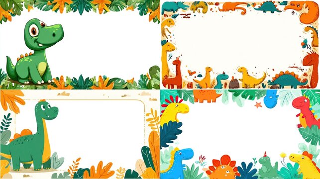 Four cartoon dinosaur picture frames with various dinosaurs and foliage