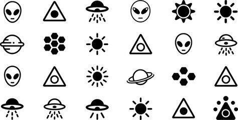 Alien U F O Sun Planet Hexagon Triangle Symbols vector © pixelVista