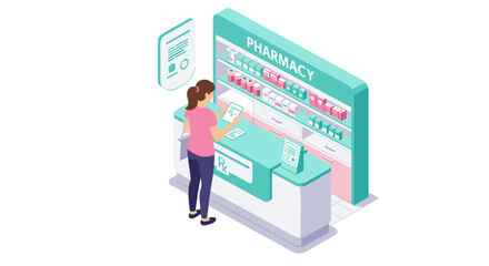 Isometric pharmacy vector illustration for healthcare design and marketing