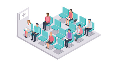 Waiting room scene vector illustration: healthcare concept, design for poster, isometric style