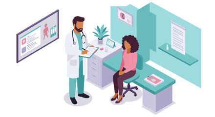 Naklejka premium Doctor consultation scene vector illustration in isometric style for healthcare design