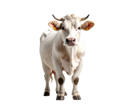 A majestic white cow with prominent horns stands confidently, gazing directly forward with a calm expression.
