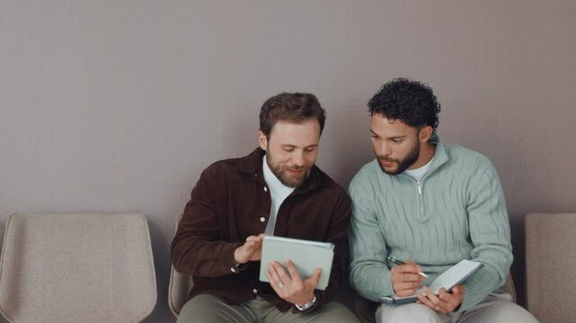Hiring, people or tablet with notes in waiting room for interview tips, preparation or internship. Recruitment, discussion or candidates in row with application help, online resume or job information