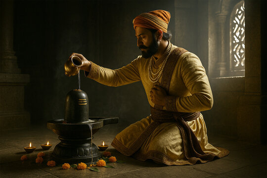 chatrapati shivaji maharaj performing jalabhishek on chatrapati shivaji maharaj , a realstic image for wall art and wall paper 
