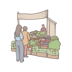 Traditional street market with women shopping for fresh vegetables and fruits at outdoor vendor stall illustration
