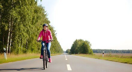 Obraz premium Woman on Bicycle Riding Through Empty Road Surrounded by Nature with Sky Above for Text