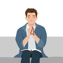Young Man Praying with Rosary and Bible. Flat vector illustration isolated on white background
