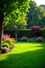 Serene Backyard Oasis Lush Lawn, Vibrant Flowers, and Mature Trees Perfect for Relaxation and Outdoor Living. Ideal for Home Improvement and Gardening Websites.