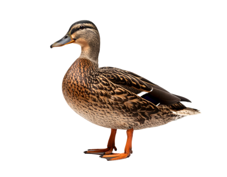 A beautiful brown mallard duck stands gracefully, showcasing its intricate feather patterns and natural elegance.