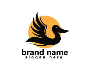 creative pelican logo, pelican flying across the sun logo design template