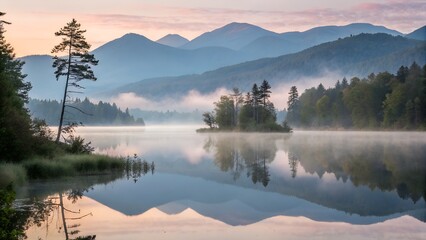 Fototapeta premium Misty mountain lake at sunrise with perfect reflection of trees and hills