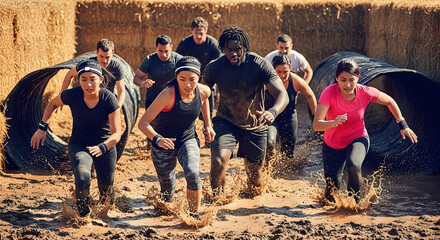 Diverse group sprinting through mud obstacle course at bootcamp