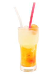 Mango Lychee Drink with mango, lychee, and soda, vibrant orange, pink, and clear tones, isolated