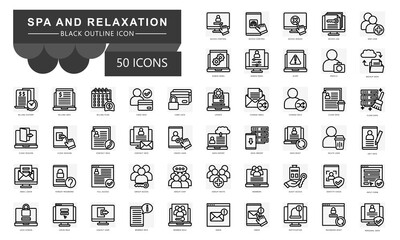 Spa and relaxation black outline icons set. contain aroma theraphy, chamomile tea, essential oil, mindful rest, relaxation music and more. Vector for modern concept, UI, UX, web and app development.