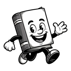 Cartoon character of a happy book running joyfully in a playful and engaging manner