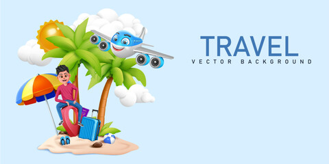 young traveler sitting on location pin and beautiful paradise.airplane character flying on sky.travel concept modern and creative background,banner and advertising template vector illustration.